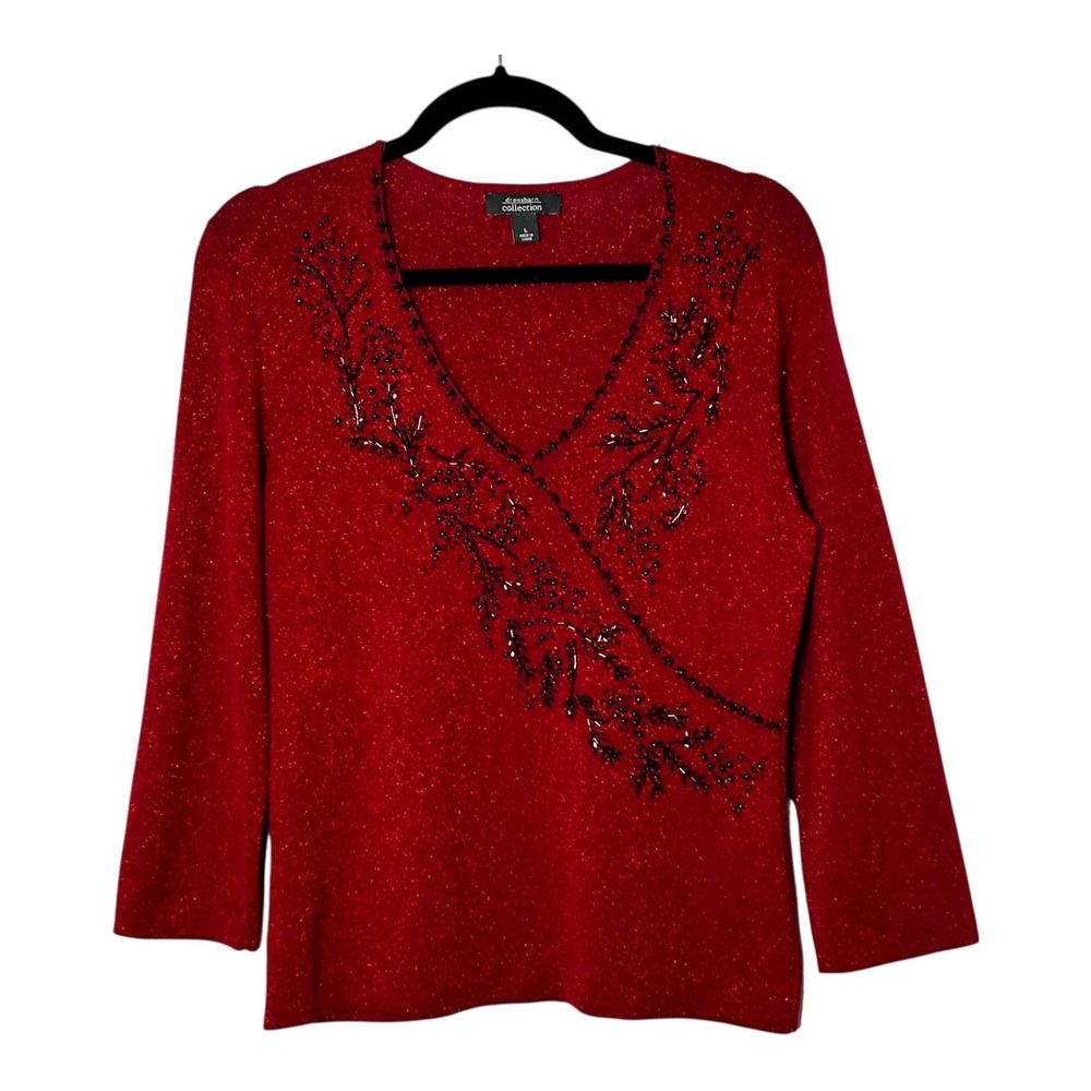 Dressbarn Collection Womens Red Metallic Beaded V-Neck Sweater Holiday Large